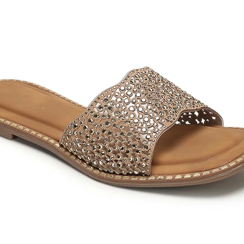 Marc Loire Women Smart Casual Embellished Slip-On Flats Chappals | Open Toe Fashion Sandals with Comfortable Sole (Copper, UK Footwear Size System, Adult, Women, Numeric, Medium, 7)