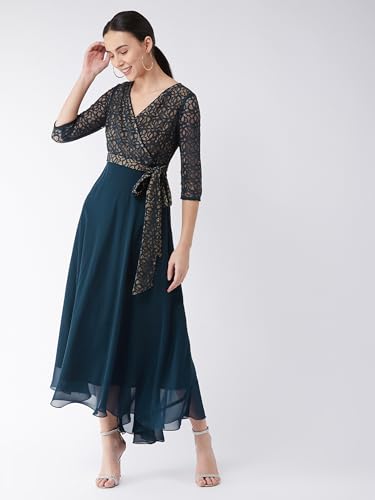 Miss Chase Women's Floral Printed Relaxed Fit V-Neck 3/4th Sleeve Maxi Dress (MCSS21D14-67-83-09, Teal, XXXXL)