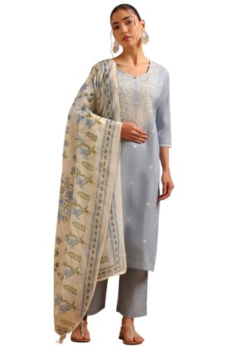 Soch Womens Blue Cotton Botanical Chikankari Embroidered Salwar Suit