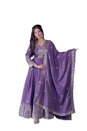 Women Most Beautiful Shimmer Silk Gown with Dupatta Long Dress, Latest Silk Long Anarkali Gown Set for Girls and Woman (in, Alpha, XL, Regular, Woman, Purple)