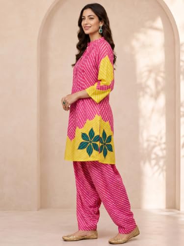 Varanga Women Hot Pink A Line Kurta Salwar Set Mandarin Collar