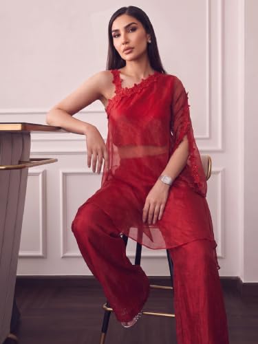 Varanga Women Ombre Red A Line Kurta Palazzos Set One Shoulder Sleeveless