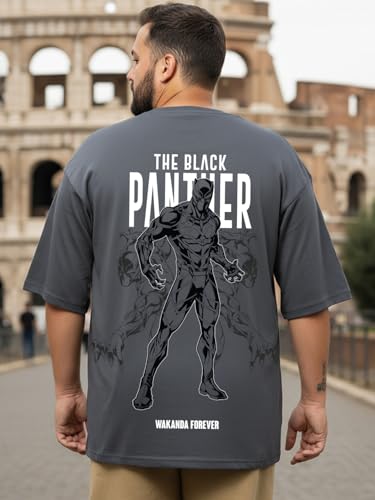 Bewakoof Heavy Duty® 1.0 Official Marvel Merchandise Wakanda Forever Men's Graphic Print Oversized Fit Half Sleeve Round Neck Cotton Blend Plus Size T-Shirt_694187_Grey_4XL