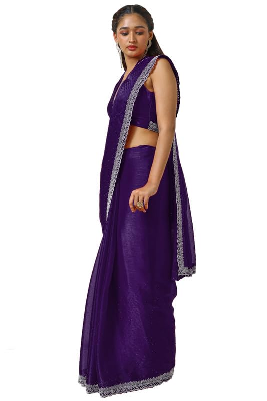 Soch Womens Purple Tissue Saree With Stone Work