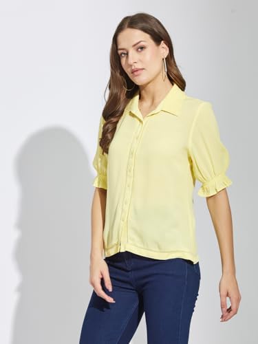 Latin Quarters Women's Yellow Half Sleeves Collar Neck Casual Solid Shirt_XL