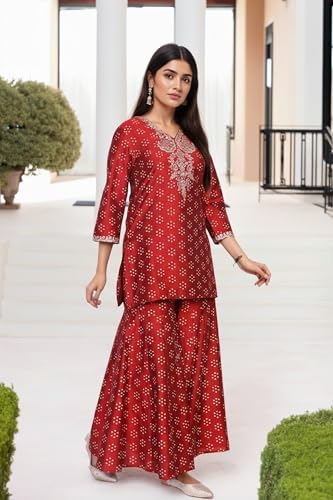 W for Woman Red Bandhni Print Zari Embellished Straight Art Silk Kurta with Sharara and Dupatta Set (WS13171-126692-2XL)