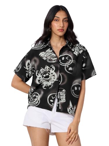 The Souled Store Smiley: Shadow Haze Women and Girls Short Sleeves Collared Neck Button Front Black Printed Viscose Blend Regular Fit Holiday Shirts