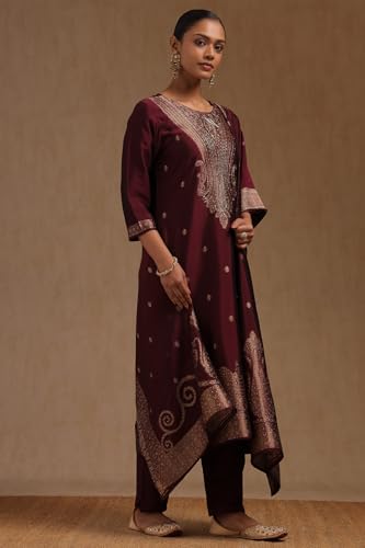 Soch Womens Wine Organza Zari Woven Suit Set With Cutdana