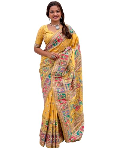 Pandadi Saree Women's Yellow Pashmina Kashmiri Silk Saree With Unstitched Blouse Piece