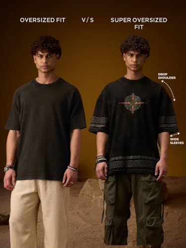 The Souled Store Nomad: Phoenix Men and Boys Short Sleeves Round Neck Off-White Embroidered Casual Lightweight Drop Shoulder Streetwear Trendy Super Oversized T-Shirt