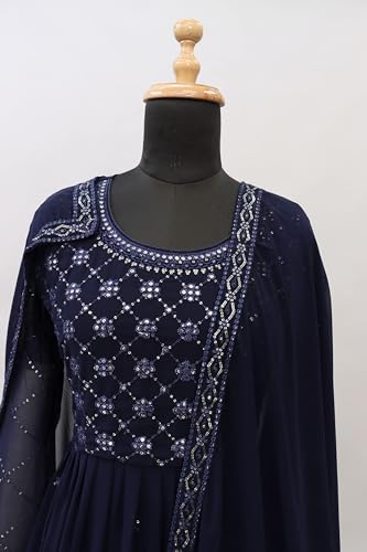 RUDRAPRAYAG Georgette Embroidered Free Size Maxi Anarkali Gown for Women (Navy Blue)