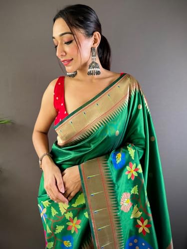 Panzora Women's Green Kanjivaram Paithani Silk Saree With Unstitched Blouse Piece
