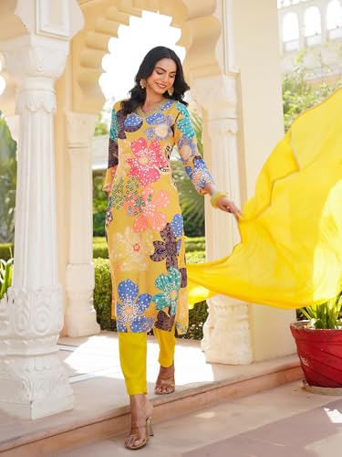 Vaamsi Women's Cotton Blend Floral Straight Printed Kurta Pant With Dupatta (PKSKD2492_M_Yellow)