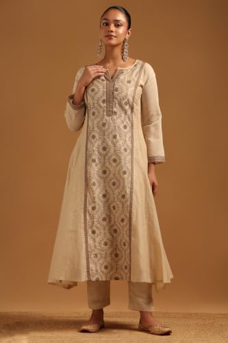 Soch Womens Beige Mul Chanderi Botanical Embroidered Salwar Suit