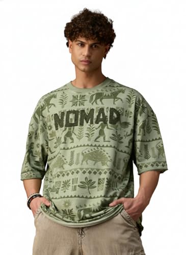 The Souled Store Nomad: Indus Green Men and Boys Short Sleeves Round Neck Sage Green Embroidered Tribal Graphic Casual Drop Shoulder Streetwear Trendy Super Oversized T-Shirt