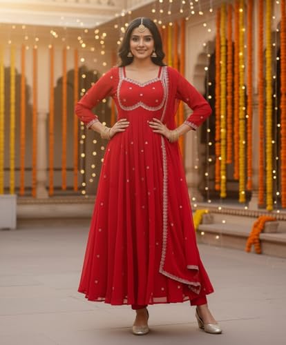 Leeli Peeri Designer Women's Faux Georgette Embroidery Anarkali Kurta Trouser and Dupatta Set XL
