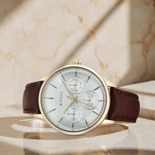 Titan Urban Magic Quartz Multifunction Silver Dial Brown Leather Strap Watch for Men - NT90133WL01