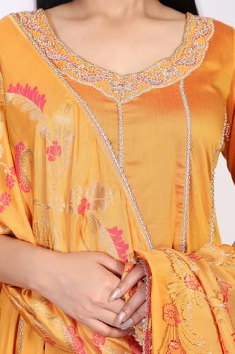 W for Woman Yellow Floral Print Embroidered Anarkali Jacquard Kurta with Straight Pant and Dupatta Set (WS13243-224277-XS)
