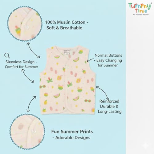 TUMMY TIME Muslin Cotton Jabla for Baby Boys & Girls - Pack of 3 | Soft Button Jhabla Vest for 6 to 12 Months | Baby boy Dress