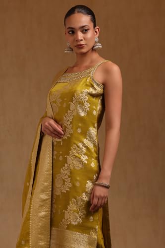 Soch Womens Light Green Brocade Floral Salwar Suit With Cutwork And Mirror