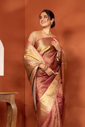 Taneira Women Brown Woven Kanjeevaram Inspired Design Silk Viscose Saree with Unstitched Blouse Piece (SABHMBAB8719-Brown)