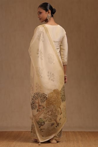 Soch Womens Beige Tissue Suit Set With With Beads and Stones