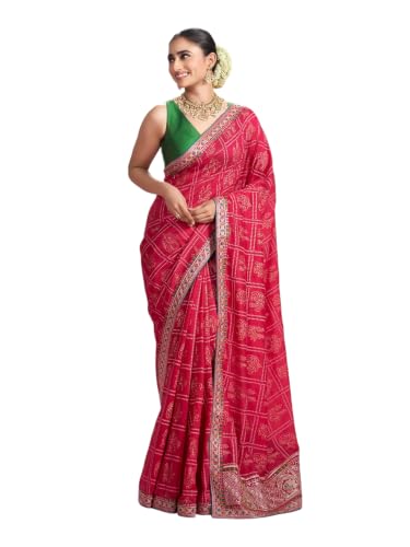 MOHEY Women's Chinon Printed, Stone Work & Thread Work Saree with Blouse Piece (Pink)
