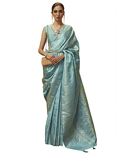 AKHILAM Women's Silk Blend Woven Design Saree With Unstitched Blouse Piece (Blue_KANDNA221005_RJ)