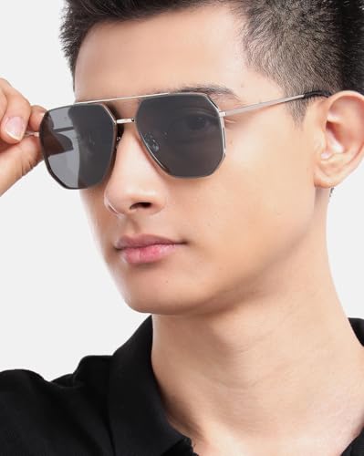 Carlton London Silver Toned with Black Polarised Lens Rectangle Sunglass for mens