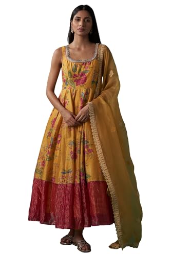 Wishful Women's Yellow Floral Print Embroidered Anarkali Tissue Kurta with Churidar and Dupatta Set (SP12870-126448-S)