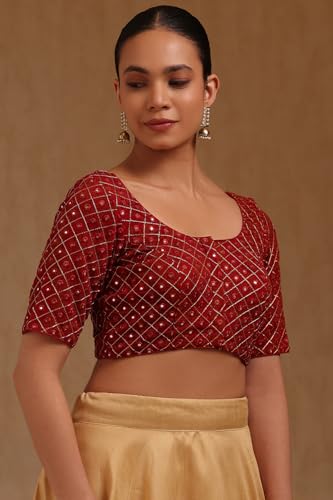 Soch Womens Maroon Georgette Embroidered Padded Blouse with Faux Mirror