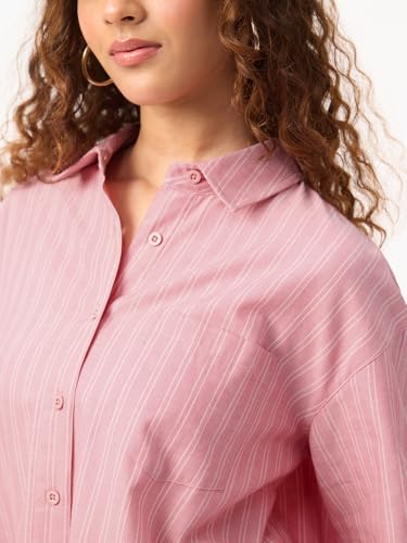 The Souled Store Statement Shirt: Angel Eyes Women and Girls Full Sleeves Spread Collar Pink Striped Cotton Oversized Fit Embroidered Back Lightweight All-Season Shirt