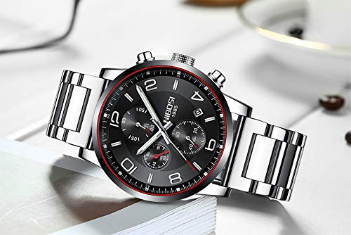 NIBOSI Chronograph Quartz Stainless Steel Mens Wrist Watch (Black Color Dial and Silver Color Strap