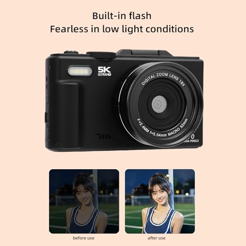 YUEHISY Digital Camera, 5K 75MP WiFi Selfie Travel Camera with 3" 180 Flip Screen, 18X Zoom, Macro Wide Angle Lens, 32GB Memory Card, for Photography (Black)