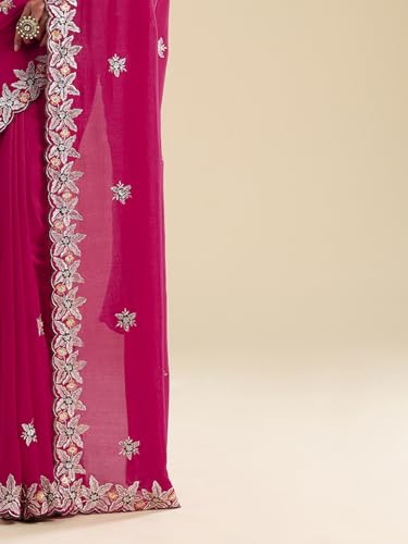 AKHILAM Women's Pink Vichitra Silk Floral Embellished Saree With Unstitched Blouse Piece (ANIKA2502_AG)
