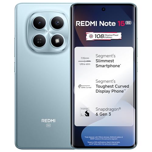 REDMI Note 15 5G (Glacier Blue, 8GB RAM 128GB Storage) | 108MP OIS Camera | Snapdragon 6 Gen 3 | 17.2cm Tough Curved AMOLED Screen | Segment's Slimmest Phone | 5520mAh Si/C Battery | 45W Fast Charging