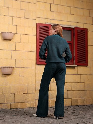 Kvetoo Woolen High Neck Sweater with Pajama Tracksuit for Women Winter Wear Co-ord Set Teal Size L