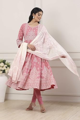 Biba Women Pink Cotton Anarkali Suit Set_36