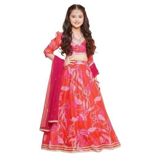 Naixa Girls Red Chanderi V Neck 3/4 Sleeve Floral Printed Choli and Lehenga with Dupatta Set | Latest Floral Designer Printed Lehenga Choli Set for Girls (SE09_7-8 Year)