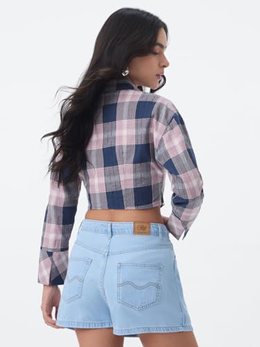The Souled Store Cropped Shirt: Peony Women and Girls Full Sleeves Spread Collar Blue and Pink Plaid Cotton Oversized Fit Lightweight Comfortable All-Season for Casual Winter Wear Cropped Shirt