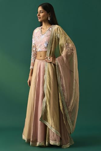 Wishful Women's Pink Floral Embroidered Blouse with Skirt and Dupatta Set - (SP11500-401087-S)