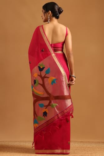 Soch Womens Fuchsia Organza Woven Design Saree