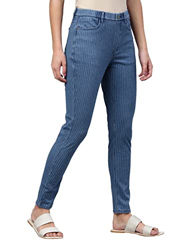 GO COLORS Women Blues Mid Rise Slim Fit Cotton Striped Denim Jeggings