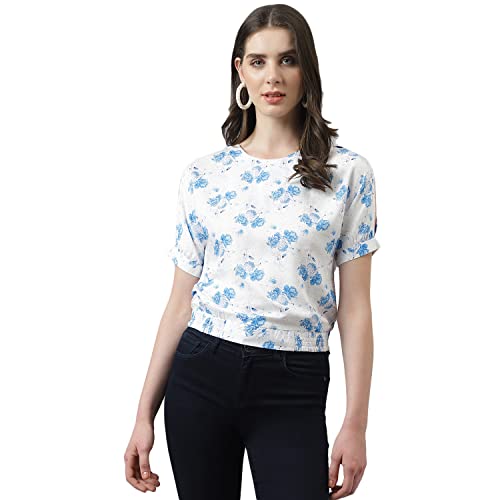 Latin Quarters Women White Floral Print Top with Short Sleeves