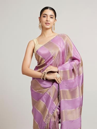 MOHEY Women's Georgette Paisley Pattern Pearl Border Saree(Purple)
