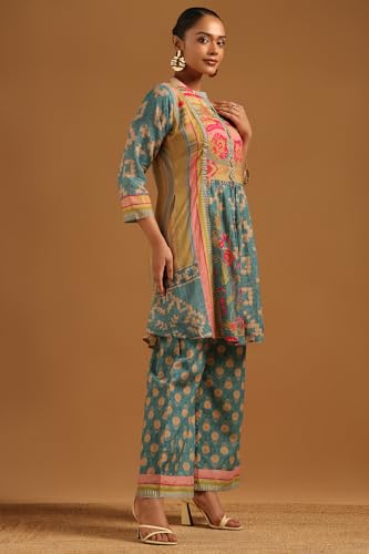 Soch Womens Turquoise Blue Chanderi Botanical Printed Co-Ords Set With Beads