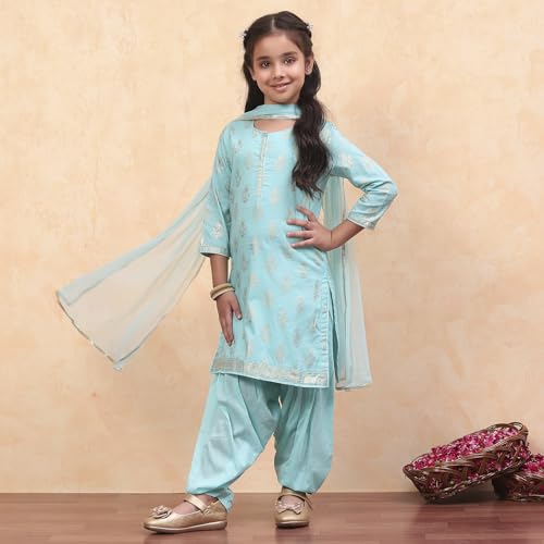 Biba Girls Printed Straight Cotton Kid (Kw2953_Turquoise_13, Suit Set)