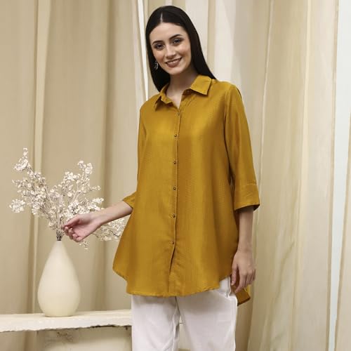 BIBA Women Ochre Yellow Dyed High-Low Shirt_34