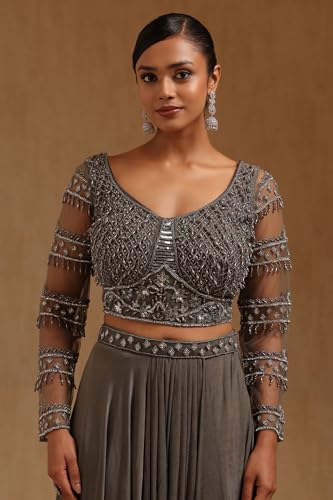 Soch Womens Olive Spandex Solid Ready to Wear Saree With Beads And Stones