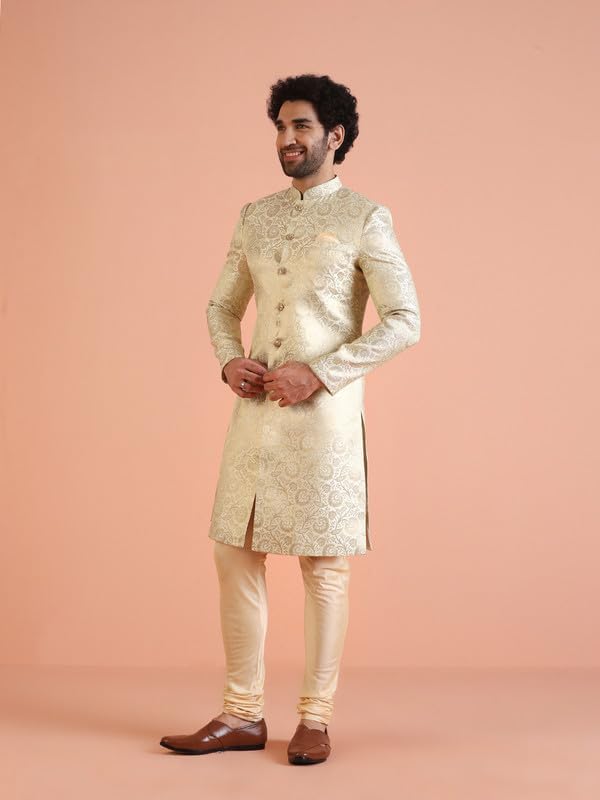 KISAH Men's Indo-Western Sherwani, Green Silk Blend, Woven Design Regular Fit Mandarin Collar Long Sleeves
